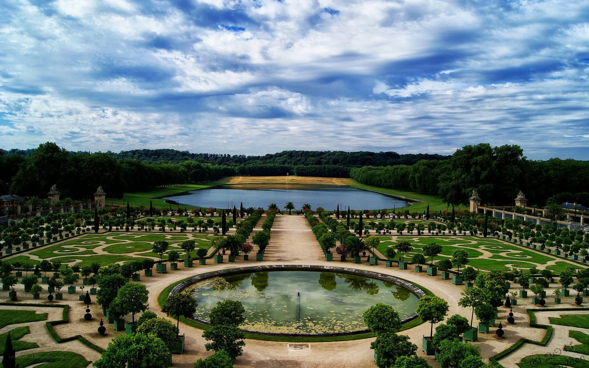 formal garden with pond