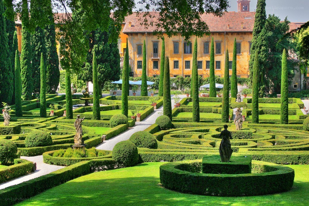 formal garden with statues