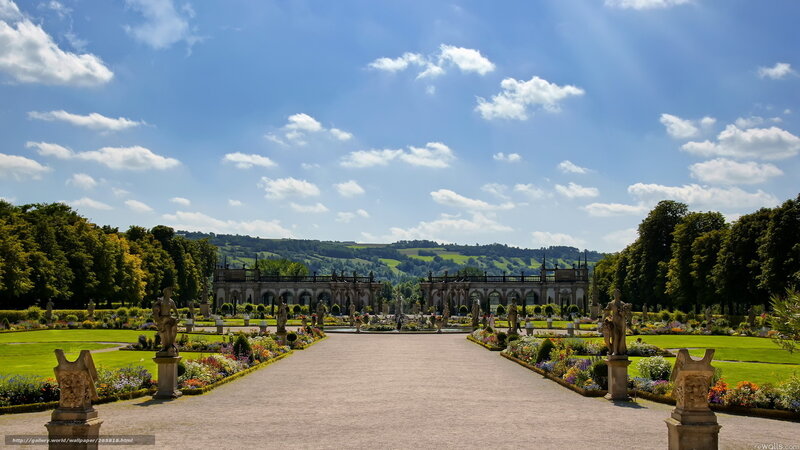 formal garden with statues