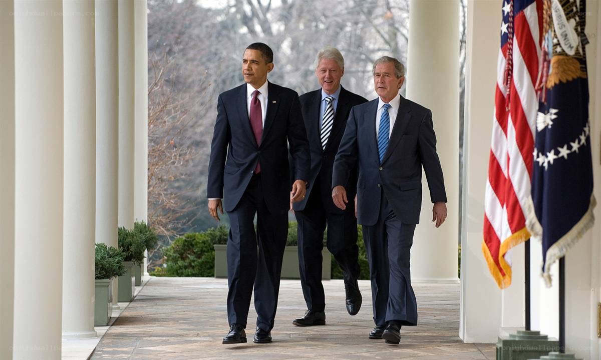 Former U.S. presidents walking together