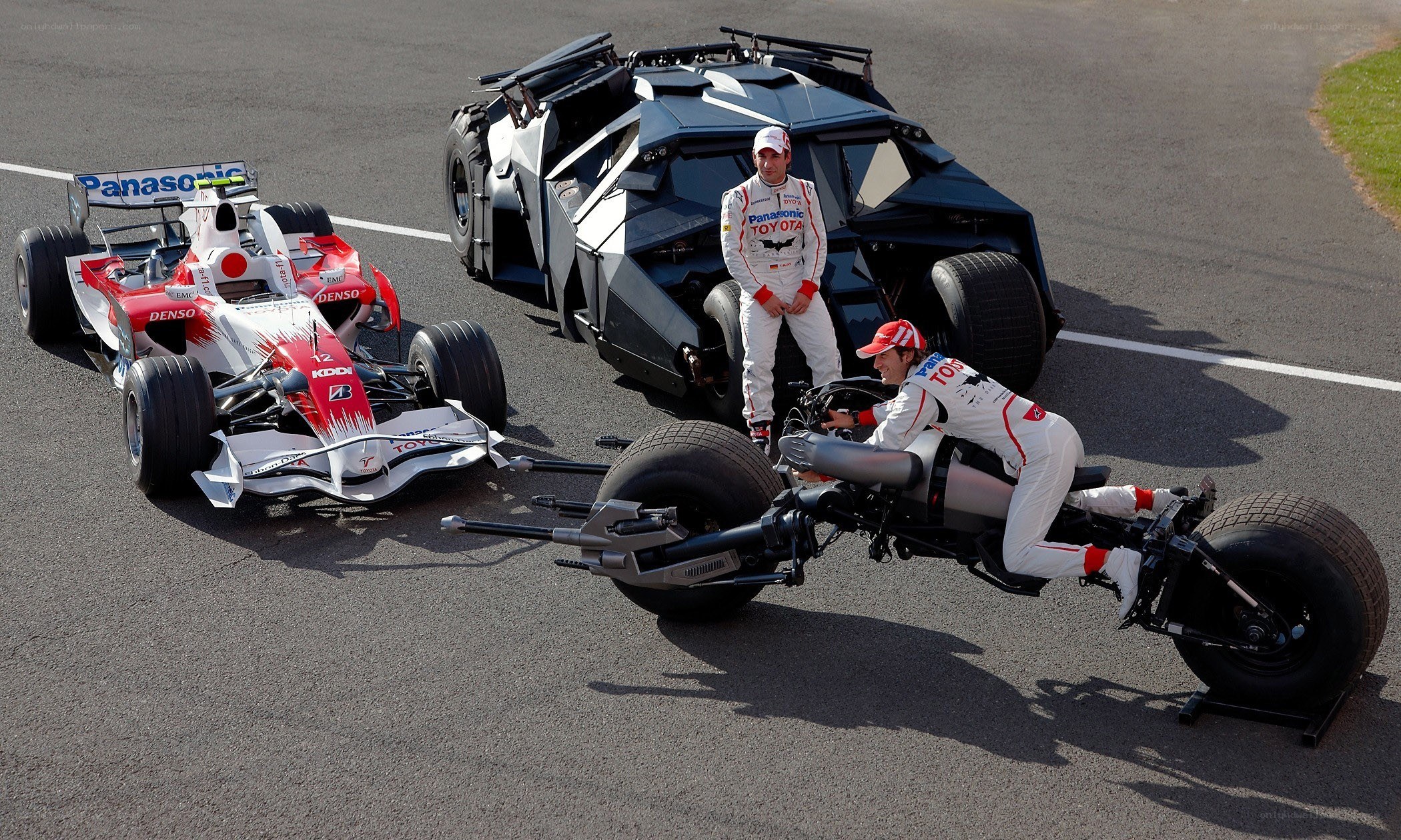 Formula 1 and Batmobile on track