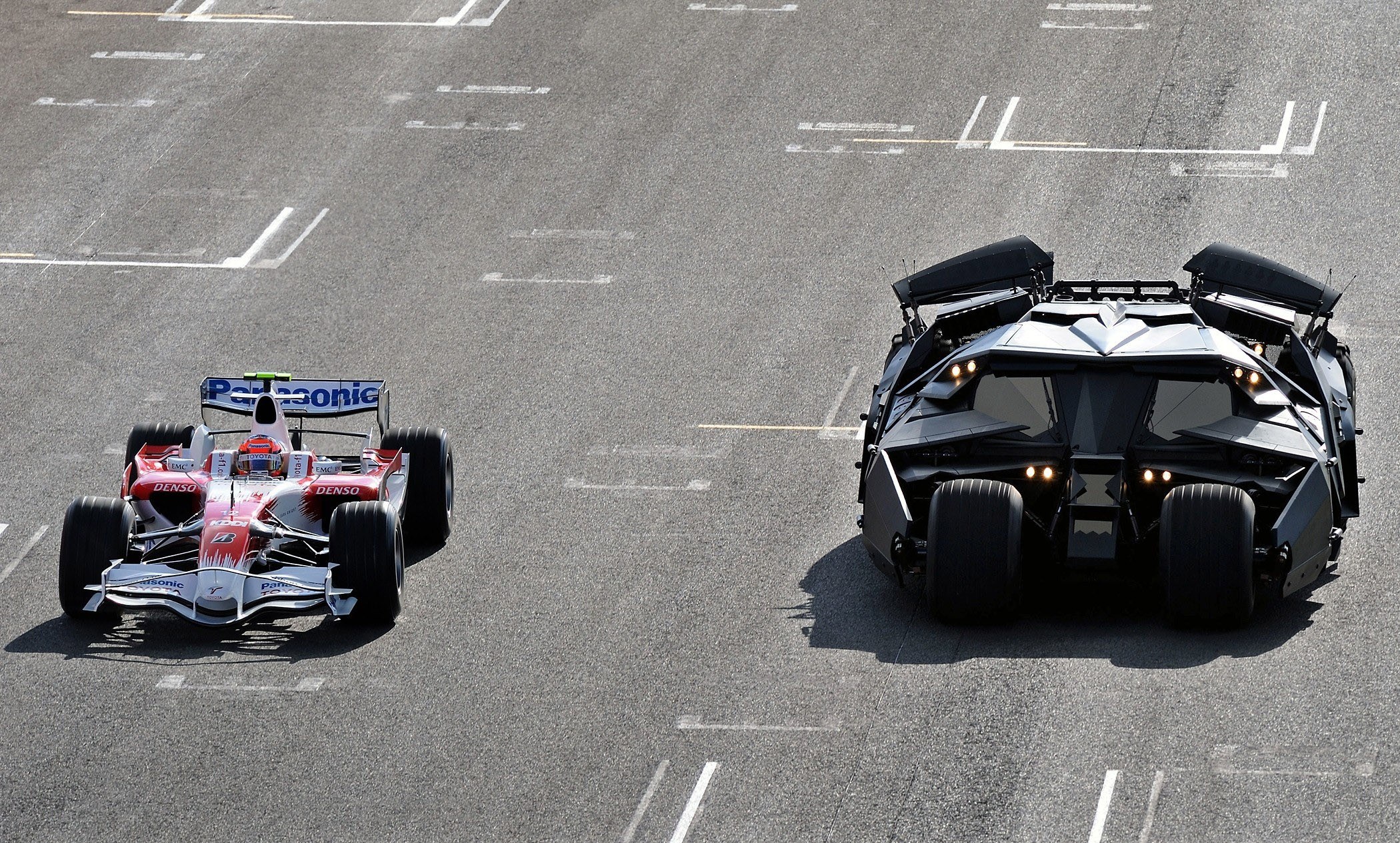 Formula 1 car and Batmobile
