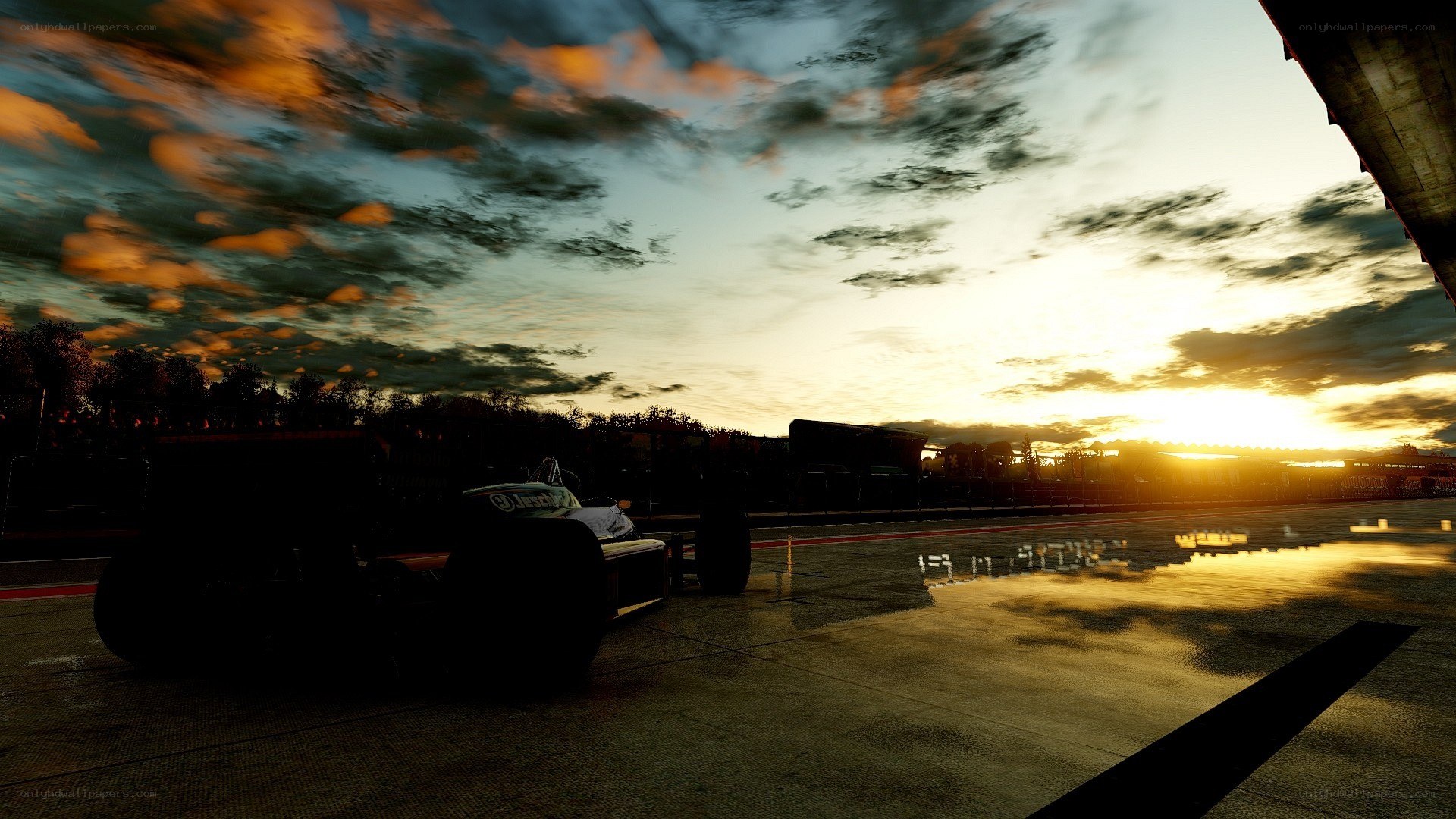 Formula 1 car at sunset