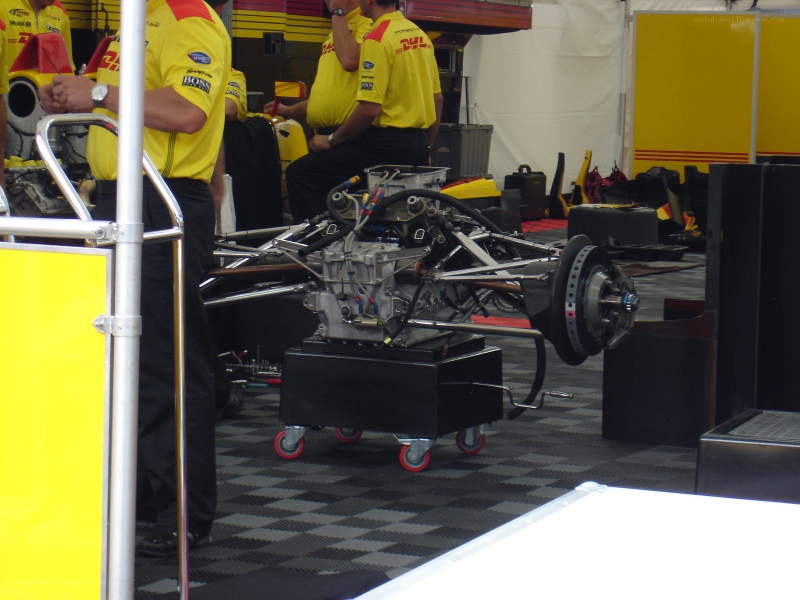 Formula 1 car chassis in garage