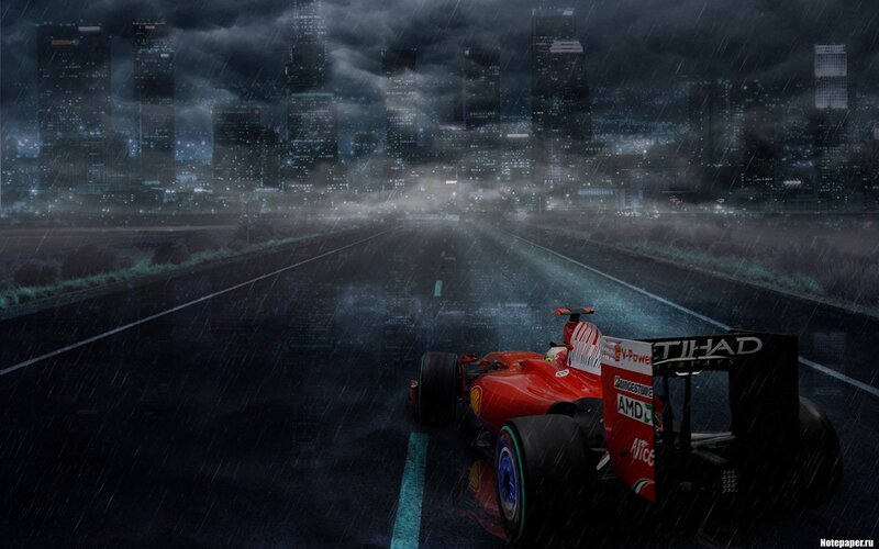 Formula 1 car in rainy city