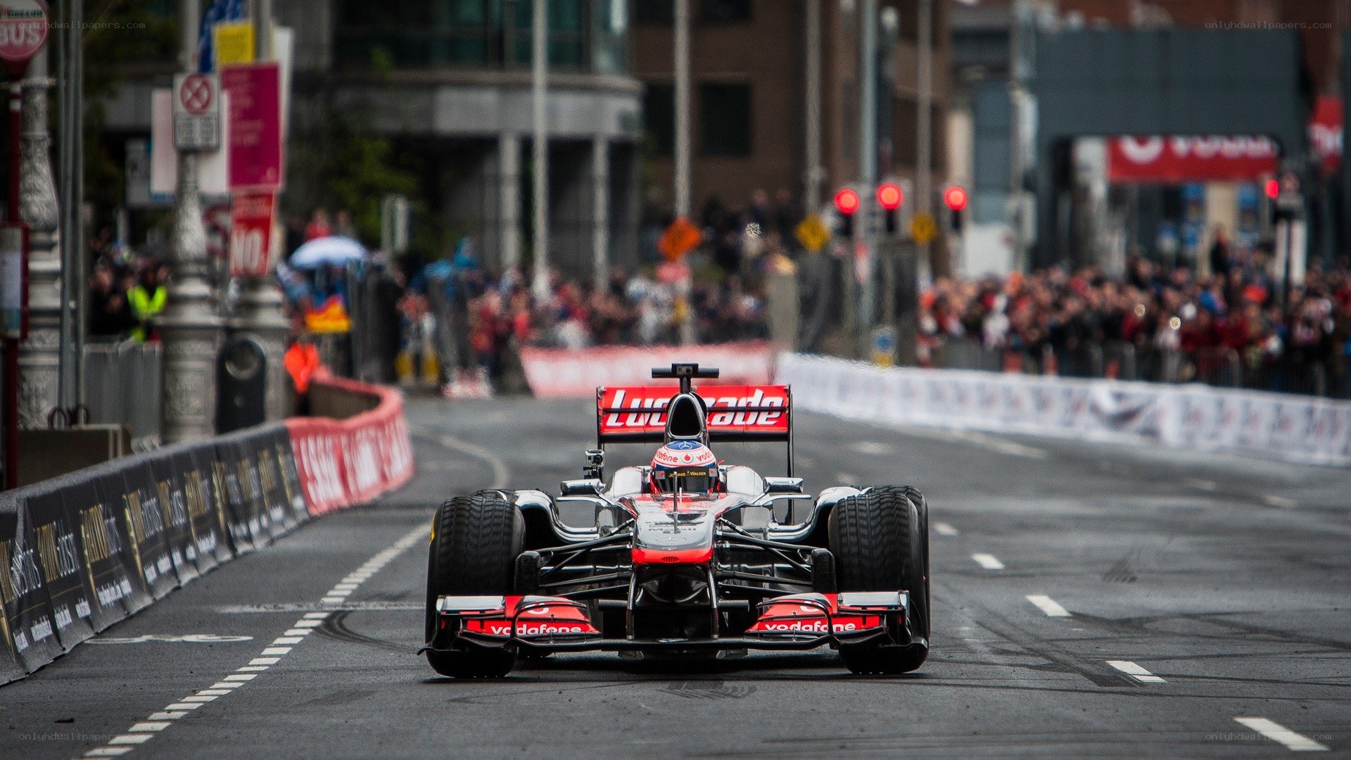 Formula 1 car on city street