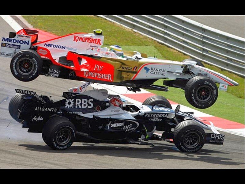 Formula 1 cars in mid-air collision