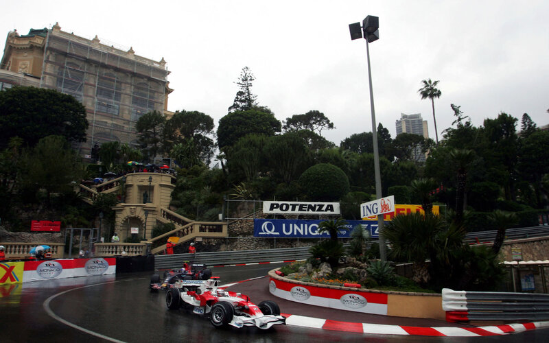 Formula 1 cars on wet track
