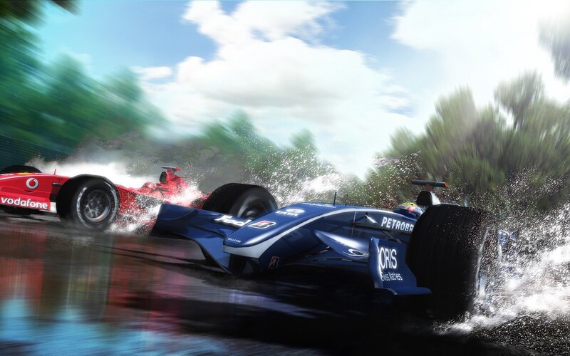 Formula 1 cars racing in rain
