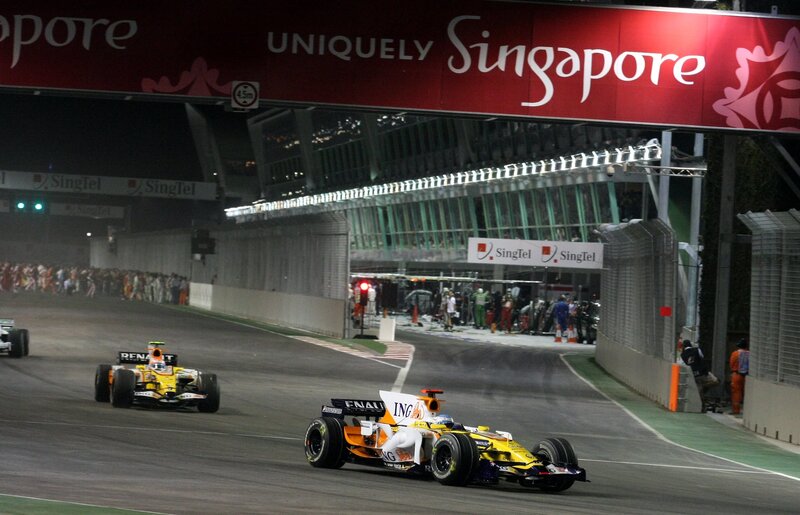 Formula 1 cars racing in Singapore