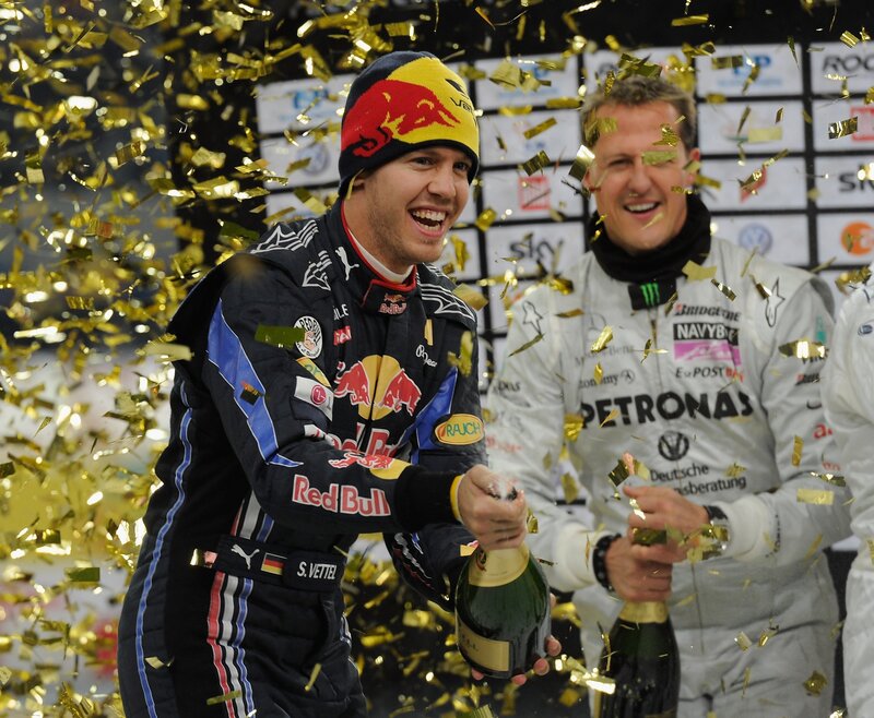 Formula 1 drivers celebrate with champagne