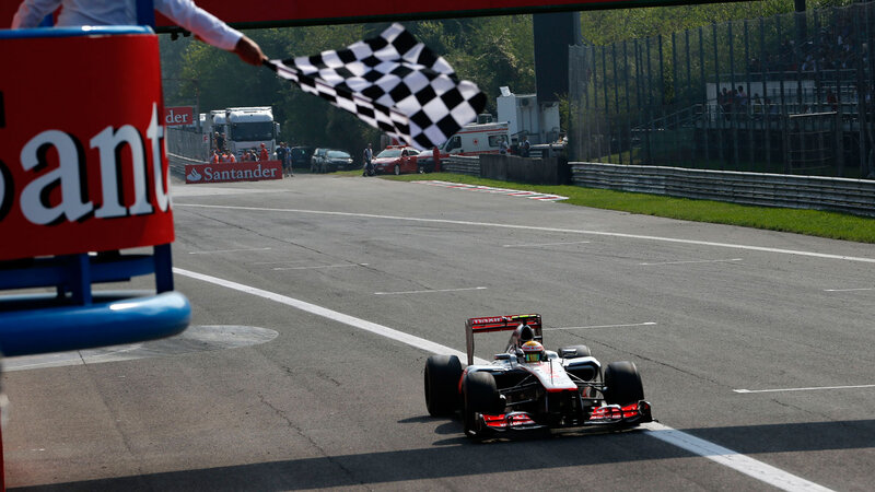 Formula One Car Crossing Finish Line — Black, Competitive