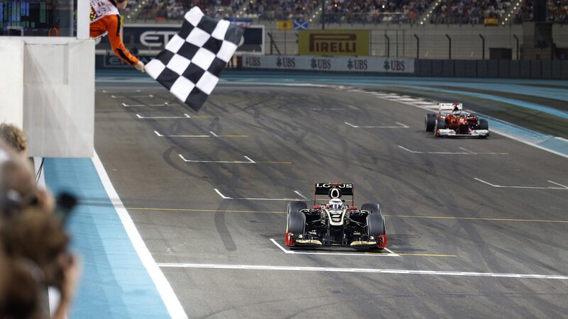 Formula One Car Crossing Finish Line — Black, Dramatic