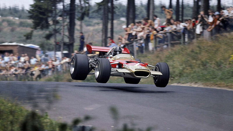 Formula One car in mid-air jump