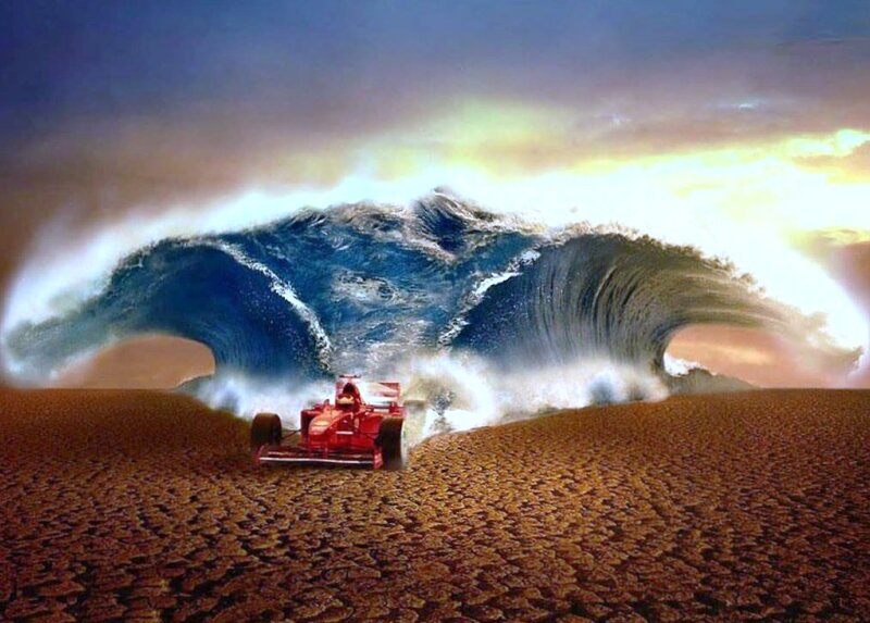 Formula One car on cracked earth