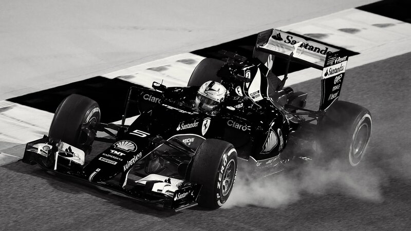 Formula One Car on Track — Black, Dramatic, Night, Photograph, Driver, Race Car, Tire Smoke