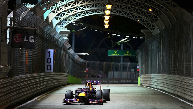 Formula One Car on Track — Black, Dramatic, Night, Photograph, Race Car