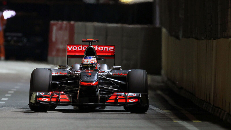 Formula One Car on Track — Black, Dramatic, Night, Photograph