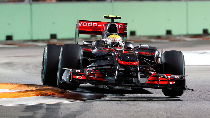 Formula One Car on Track — Black, Dynamic, Night, Photograph, Driver