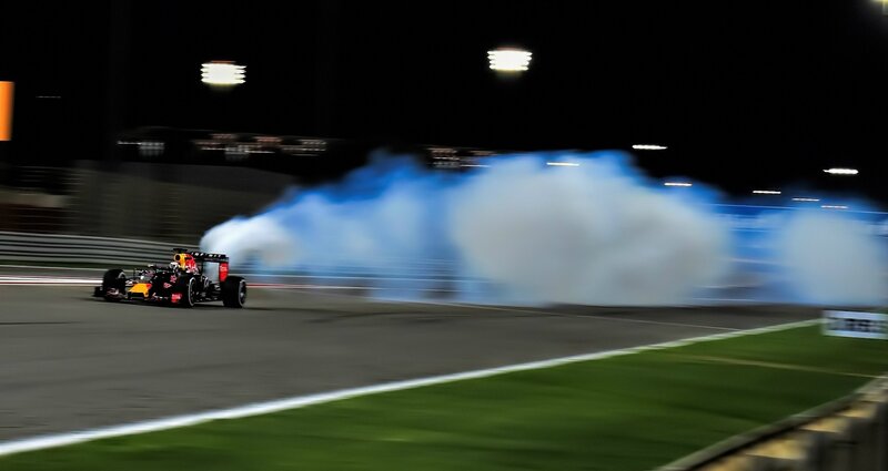 Formula One Car on Track — Black, Dynamic, Night, Photograph, Smoke