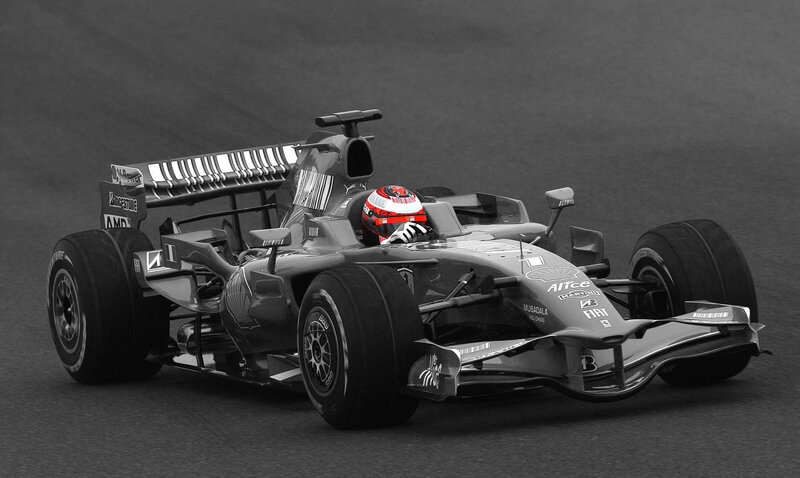 Formula One Car on Track — Black, Dynamic, Photograph, Driver, Racing Car, Helmet, White