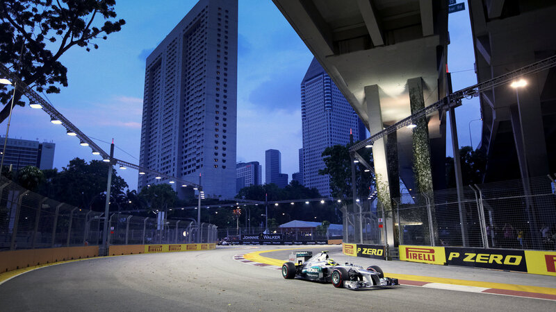 Formula One Car on Track — Blue, Dramatic, Night, Photograph