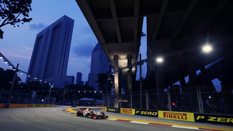 Formula One Car on Track — Blue, Dramatic, Night