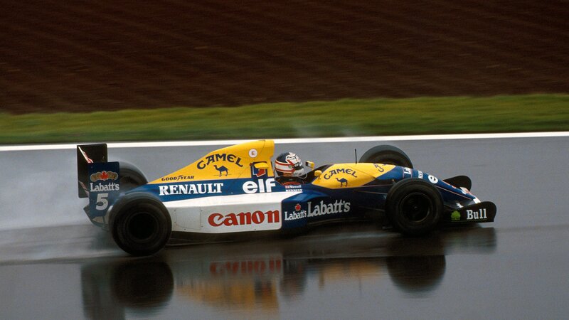 Formula One Car on Track — Blue, Dynamic, Photograph, Driver, Race Car, Wet Track