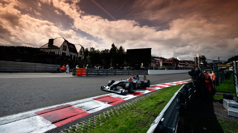 Formula One Car on Track — Gray, Dramatic, Afternoon