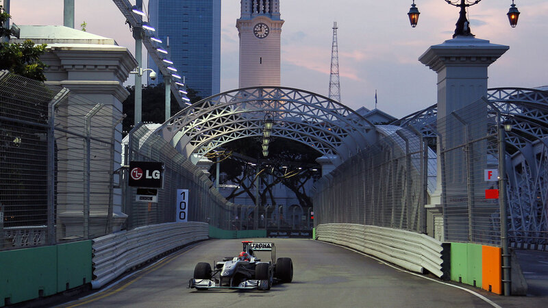 Formula One Car on Track — Gray, Dramatic, Sunset