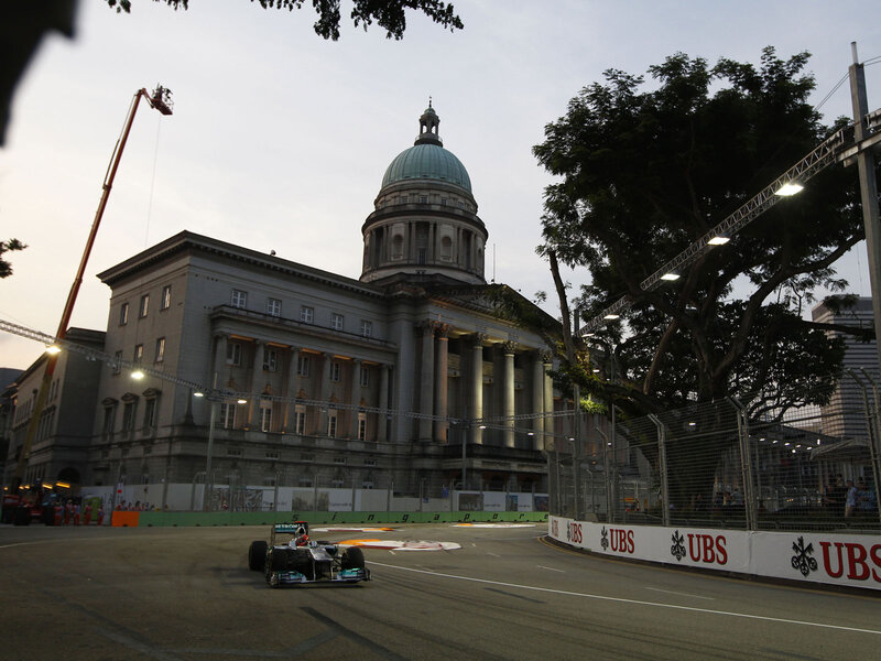 Formula One Car on Track — Gray, Dramatic