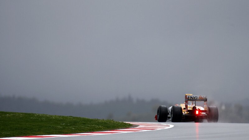 Formula One Car on Track — Gray, Overcast