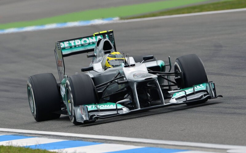 Formula One Car on Track — Silver, Dynamic, Afternoon, Photograph, Driver, Race Car, Green
