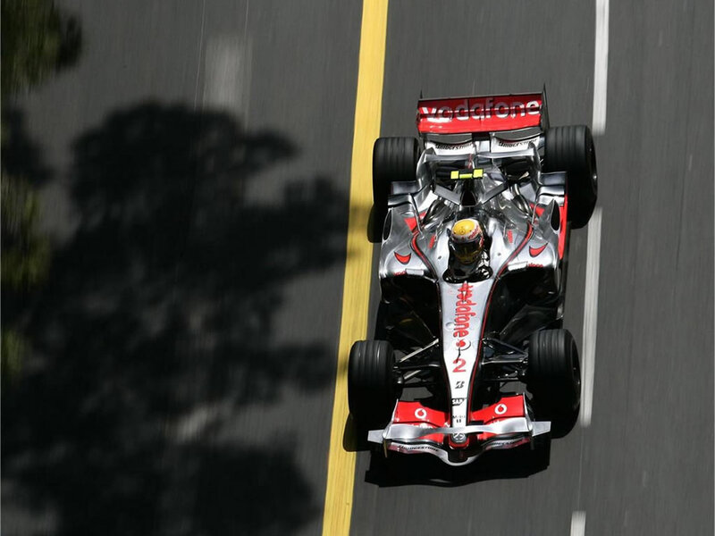 Formula One Car on Track — Silver, Dynamic, Afternoon, Photograph, Driver, Tree Shadow