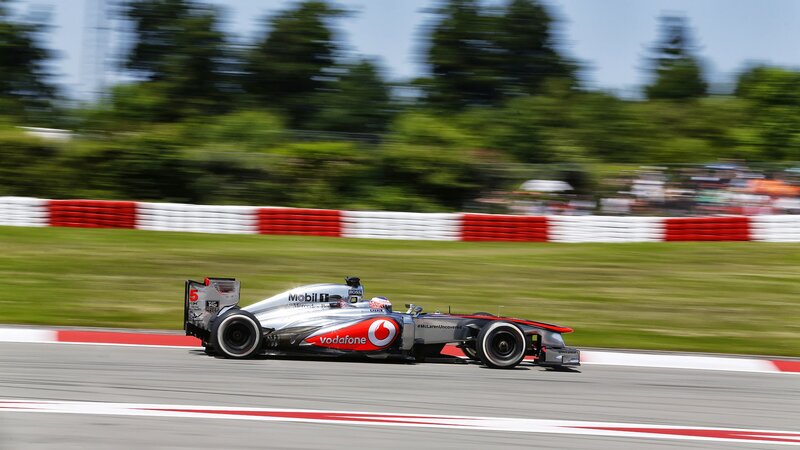 Formula One Car on Track — Silver, Dynamic, Afternoon, Photograph, Race Car, Trees