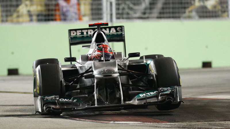 Formula One Car on Track — Silver, Dynamic, Night, Photograph