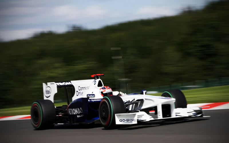 Formula One Car on Track — White, Dynamic, Afternoon, Photograph, Driver, Race Car, Trees, Blue