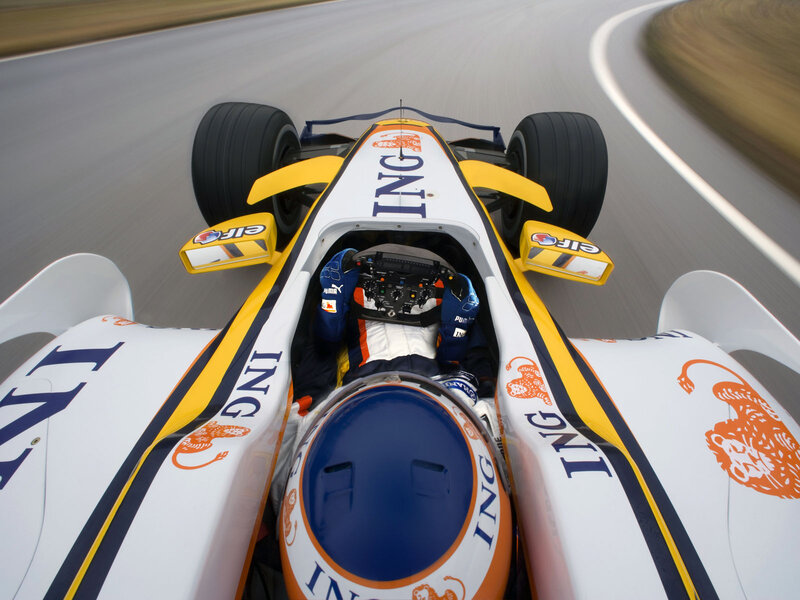 Formula One Car on Track — White, Dynamic, Photograph, Driver, Helmet
