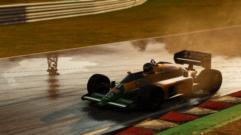 Formula One Car on Track — Yellow, Dramatic, Sunset, 3d Render