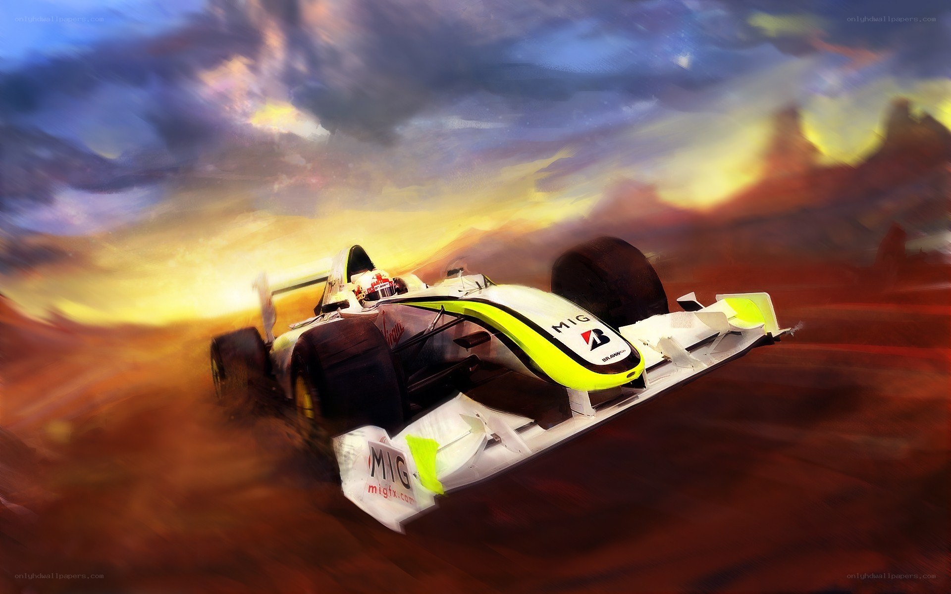 Formula One car racing at sunset