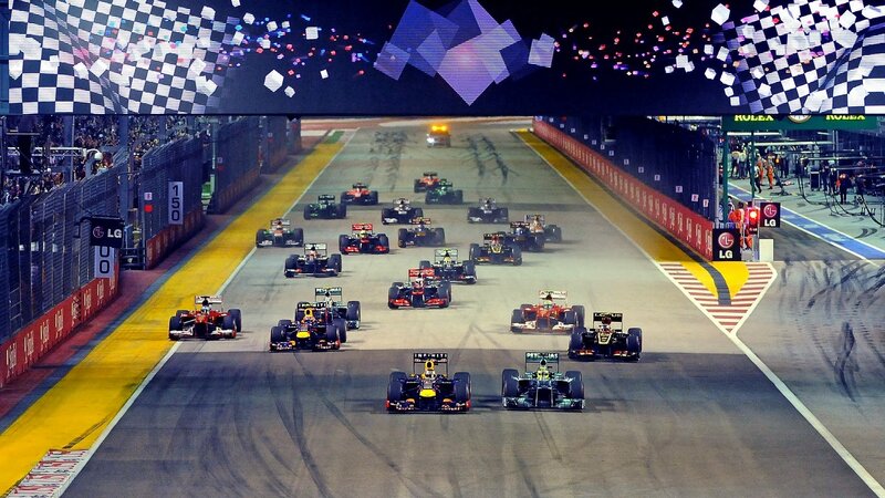 Formula One Cars on Track — Black, Dramatic, Night, Photograph