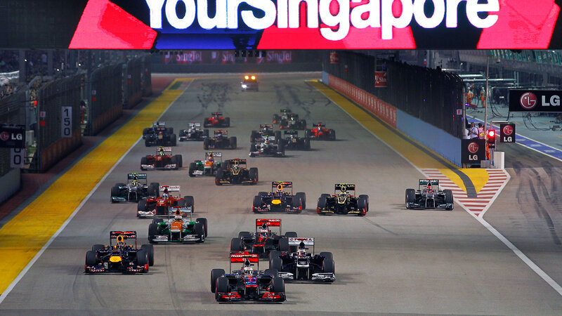 Formula One Cars on Track — Black, Dramatic, Night