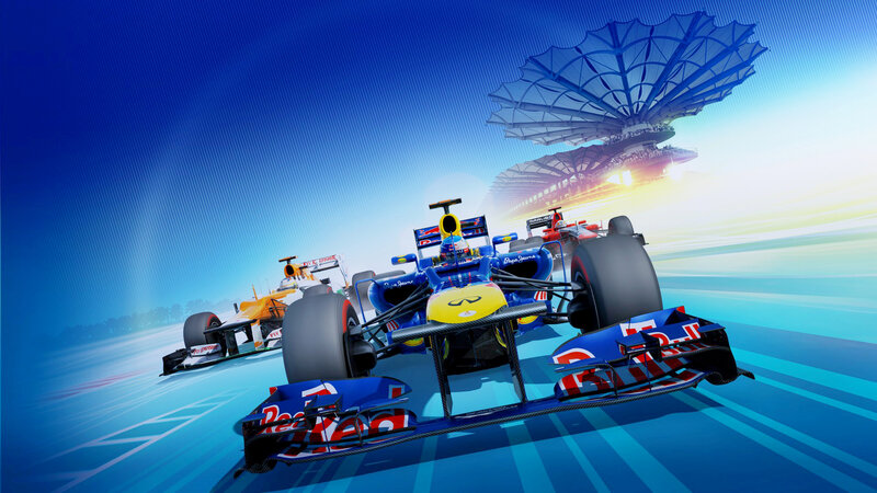 Formula One Cars Racing — Blue, Dynamic, Sunrise, 3d Render, Race Track