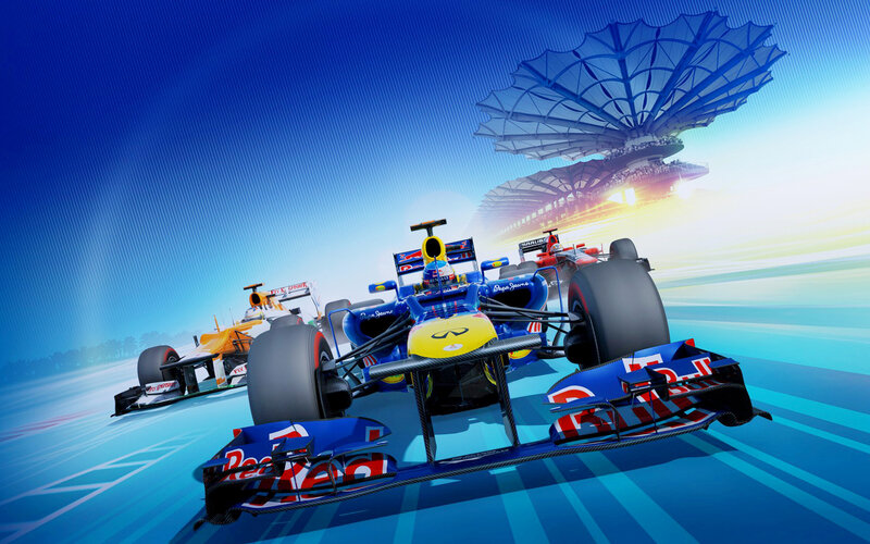 Formula One Cars Racing — Blue, Dynamic, Sunrise