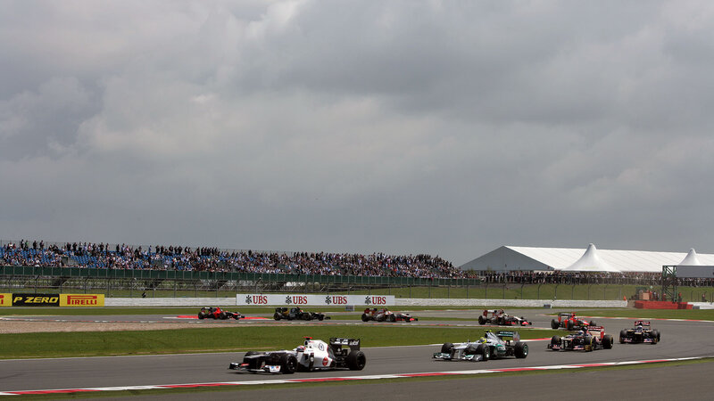 Formula One Cars Racing — Gray, Competitive, Afternoon, Photograph, Crowd