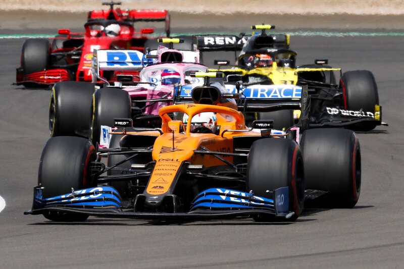 Formula One Cars Racing — Orange, Competitive, Afternoon, Photograph, Racing Cars