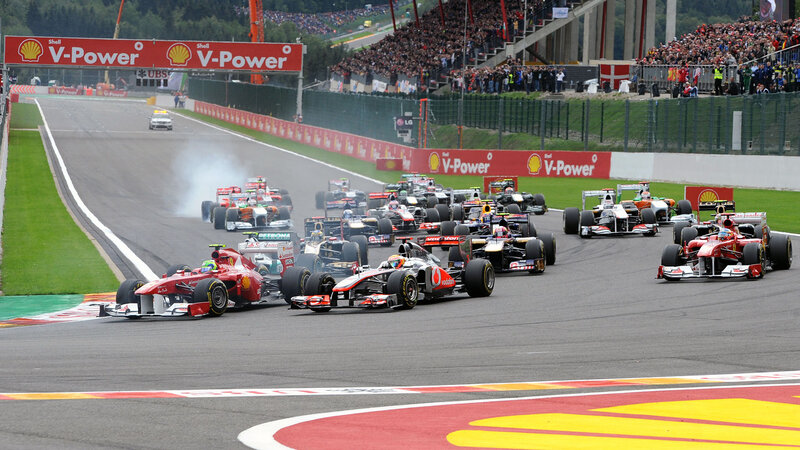 Formula One Cars Racing — Red, Dynamic, Afternoon, Photograph, Crowd, Race Track