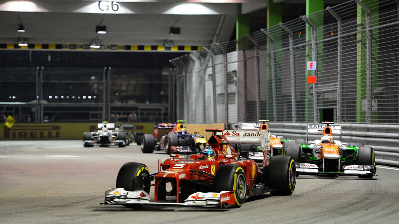 Formula One Cars Racing — Red, Dynamic, Night, Photograph