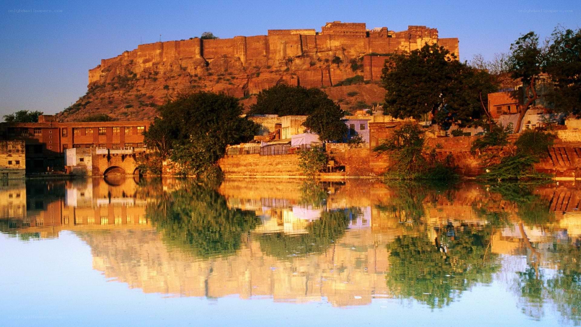 Fort and lake at sunset