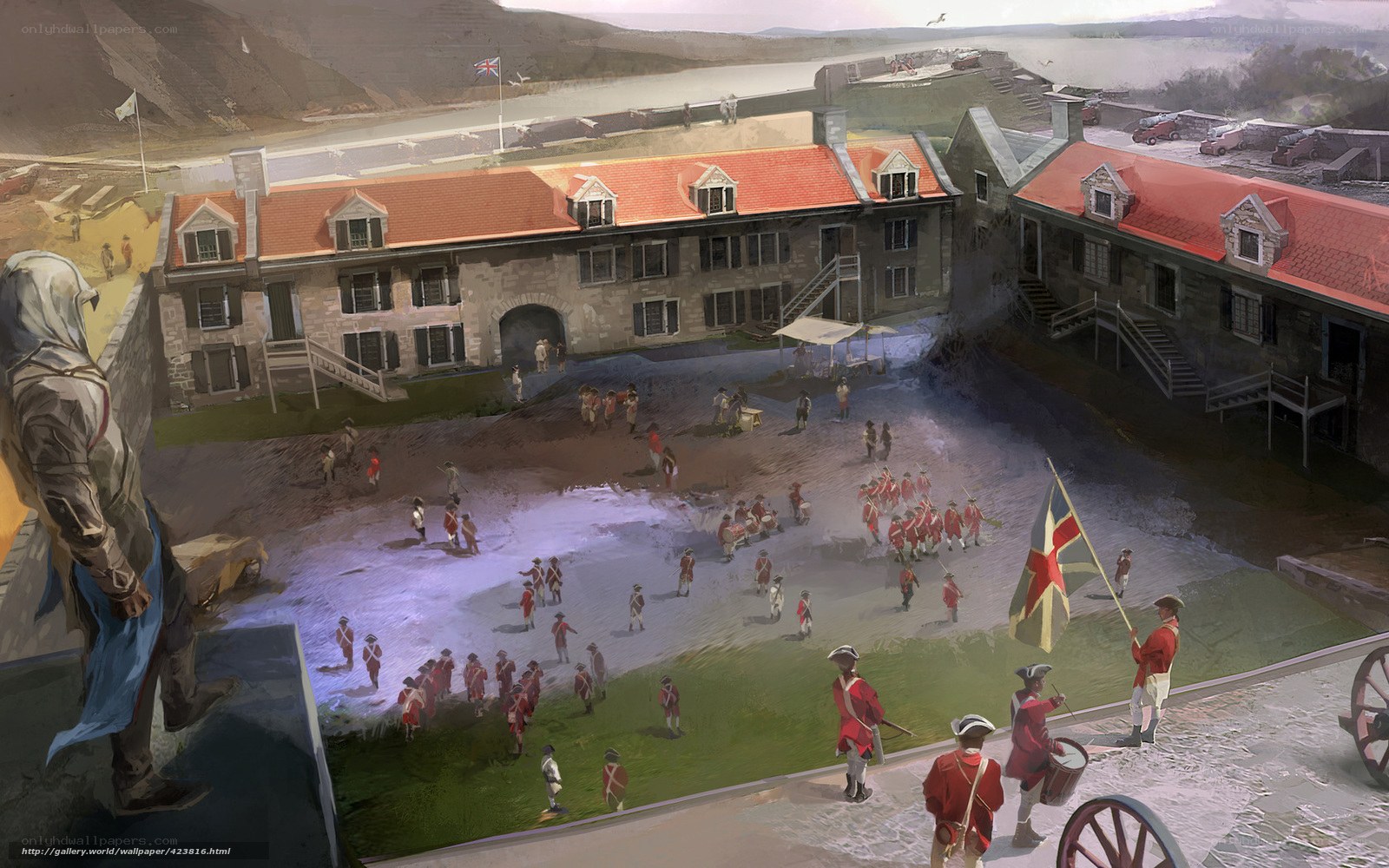 Fort courtyard with soldiers